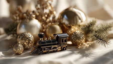 Christmas and New Year holiday background with golden Christmas decorations, toys and train.