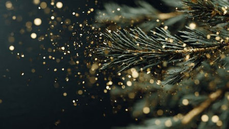 Spruce branch with golden bokeh on black background. Christmas and New Year concept.の写真素材