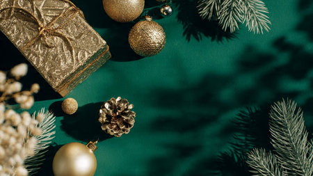 Christmas composition. Gifts, christmas tree branches on green background. Flat lay, top view, copy spaceの写真素材