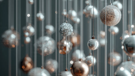 Silver christmas balls hanging on strings. 3d render illustration.の写真素材