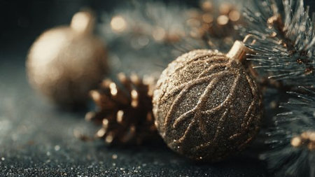 Christmas and New Year background. Golden baubles and fir branches on a dark background.の写真素材
