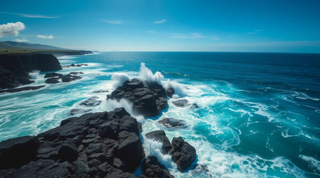 Majestic cliffs rising above a calm emerald sea.の写真素材
