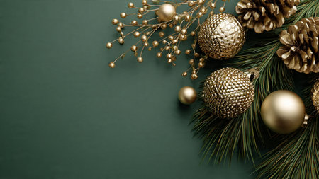 Christmas and New Year background with golden christmas balls, pine cones and branches on green backgroundの写真素材