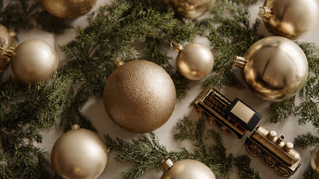 Christmas decoration with golden baubles on white background. Flat lay.の写真素材