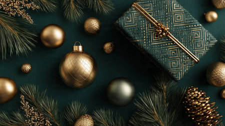 Christmas composition. Gifts, fir branches and golden christmas balls on blue background. Flat lay,...
