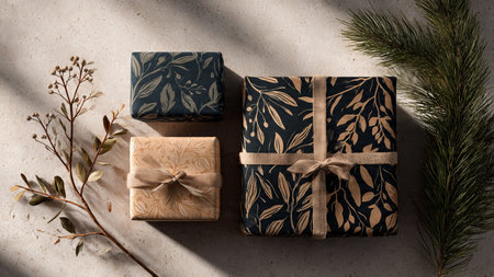 Gift boxes with branches and eucalyptus on light background