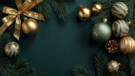 Christmas background with fir branches and golden baubles on a green background