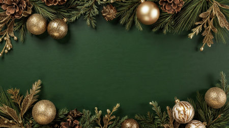 Christmas background with fir branches, golden balls and cones on green chalkboard