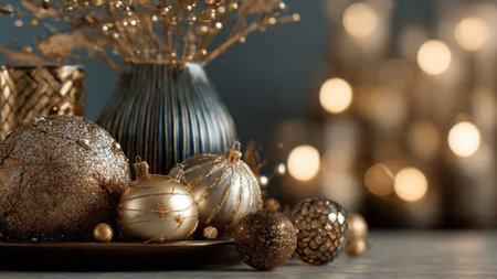 Christmas or New Year composition with christmas balls and decorations on wooden backgroundの写真素材