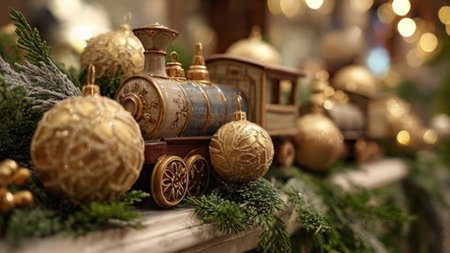 Wooden toy train with Christmas decorations on the background of the Christmas treeの写真素材