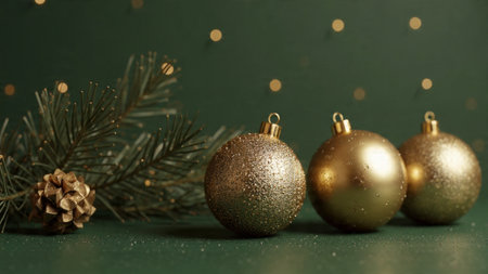 Golden Christmas balls with fir branch on green background with bokehの写真素材