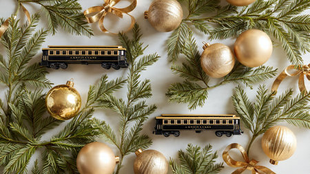 Christmas composition. Christmas decorations, golden baubles, train on white background. Flat lay, top view, copy spaceの写真素材