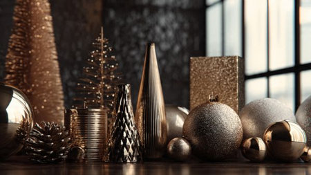 Golden and silver christmas decorations on wooden table. 3d renderの写真素材