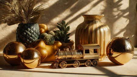 Christmas decoration with vintage train toy and golden ornaments in sunlightの写真素材