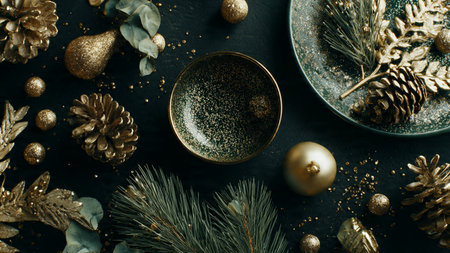 Top view of christmas table setting with gold and silver decorations on dark backgroundの写真素材
