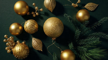 Golden christmas baubles and fir branches on dark green background