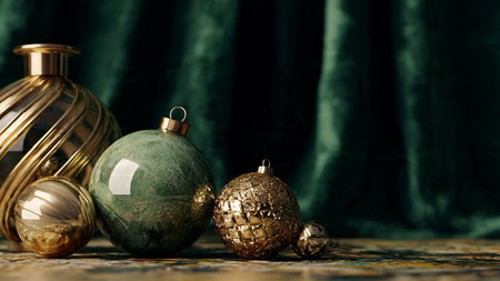 Christmas still life with golden and silver baubles on a dark backgroundの写真素材