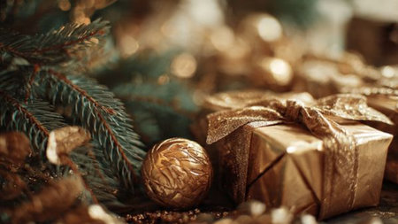 Christmas decoration with golden balls and gift boxes on bokeh backgroundの写真素材