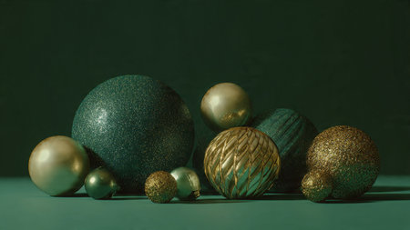 Christmas baubles with gold and silver decorations on a green background