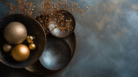 Golden and silver easter eggs in a bowl on a dark backgroundの写真素材