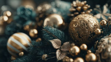 Christmas and New Year background with Christmas tree branches and golden balls.の写真素材