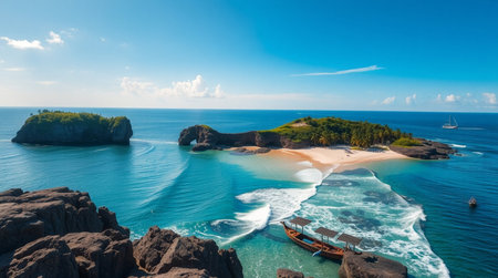 Panoramic aerial view of beautiful beach and boat in Bali, Indonesiaの写真素材