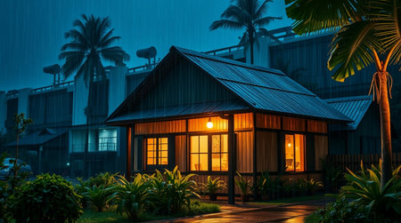 Wooden house in the tropics with palm trees at night.の写真素材