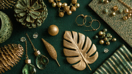 Vintage gold jewelry and accessories on green background. Flat lay.の写真素材