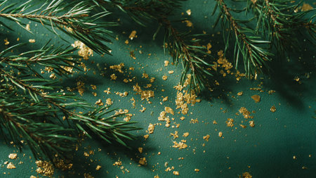 Christmas background with fir branches and golden confetti. Top view.の写真素材