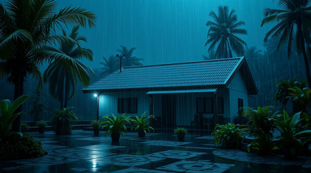 3D rendering of a tropical house in the rain at night.の写真素材