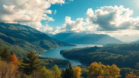 Panoramic view of the lake and mountains in the autumn.の写真素材