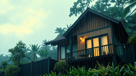 Wooden house in the rain with palm trees in the background.の写真素材