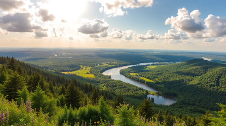 Panoramic view of the river and forest on a sunny summer dayの写真素材