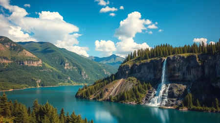 Waterfall in the mountains. Panorama of a mountain lake.