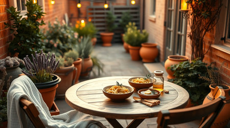 Wooden table with tasty pasta and bottle of oil on terraceの写真素材