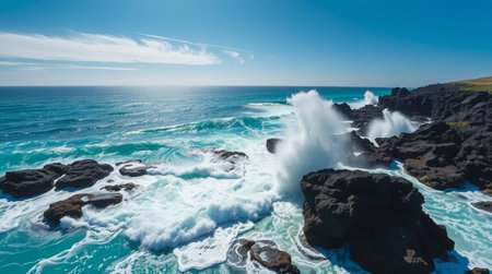 Aerial view of the ocean waves crashing on the rocks on a sunny dayの写真素材
