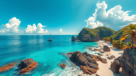 Panorama of beautiful beach with turquoise water and blue skyの写真素材