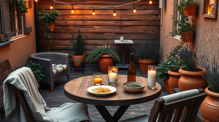 Interior of cozy terrace with round table, chairs and candlesの写真素材