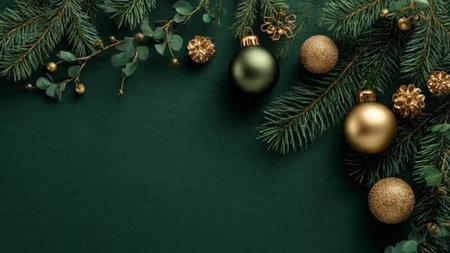 Christmas or New Year green background with fir tree branches, golden balls and decorations. Flat...