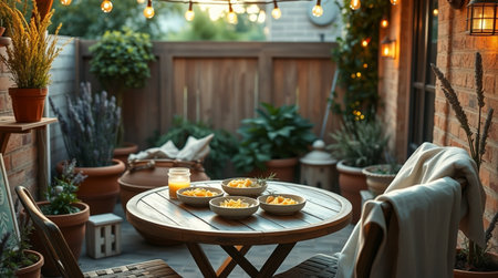 Tangerines on a wooden table in a terrace in summerの写真素材