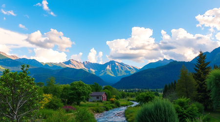 Beautiful summer landscape in the mountains. The river flows through the valley.の写真素材