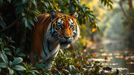 Tiger in the jungle. Tiger in natural habitat. Wildlife scene from nature.