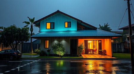 3d rendering of a house in the rain at night time.の写真素材