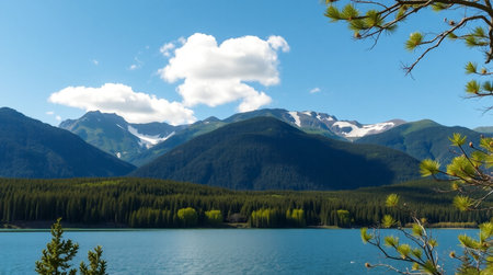 Mountains and lake in Jasper National Park, Alberta, Canada.