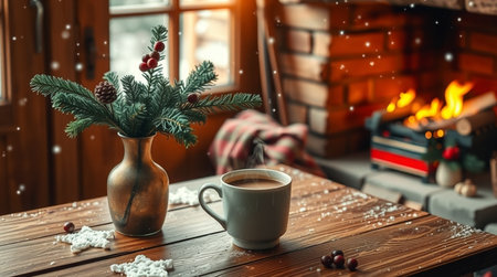 Cup of coffee with christmas decorations on wooden table in front of fireplaceの写真素材