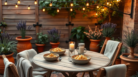 Wooden table with french fries and burning candles in a cozy cafeの写真素材
