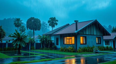 Cottage in the rain on a rainy day with palm trees in the backgroundの写真素材