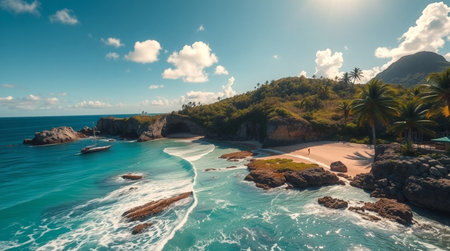 Aerial view of beautiful tropical beach with palm trees and turquoise ocean water