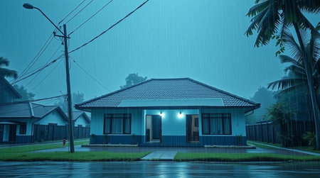 House in the rain with blue sky background, 3d rendering.の写真素材