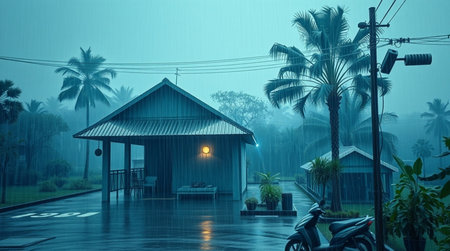 3d rendering of wooden house in the mist with a motorbikeの写真素材